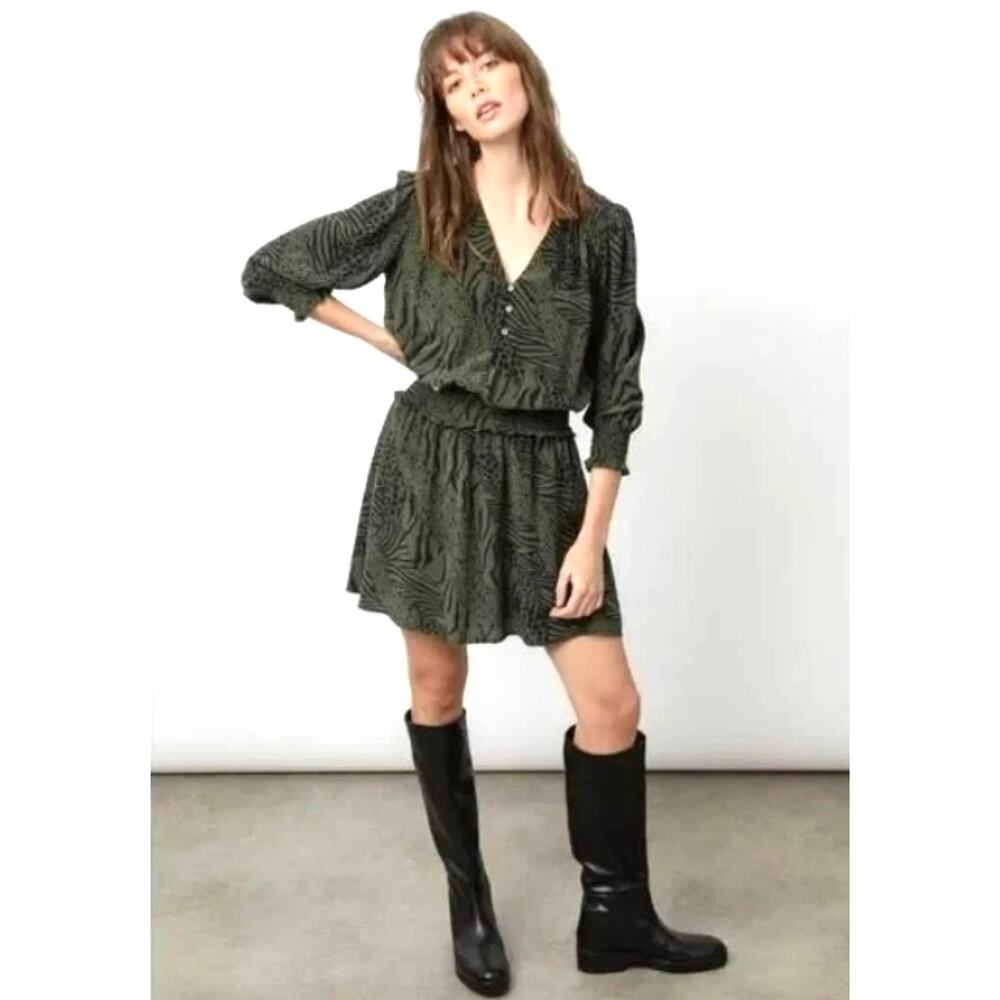 Rails Zana Dress Olive Mixed Animal Stripe Smocked Mini - Medium - Excellent